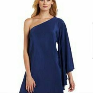 NWT** NICOLE MILLER Studio Silk One Shoulder Bell Sleeve Dress Roy Blue Size 6